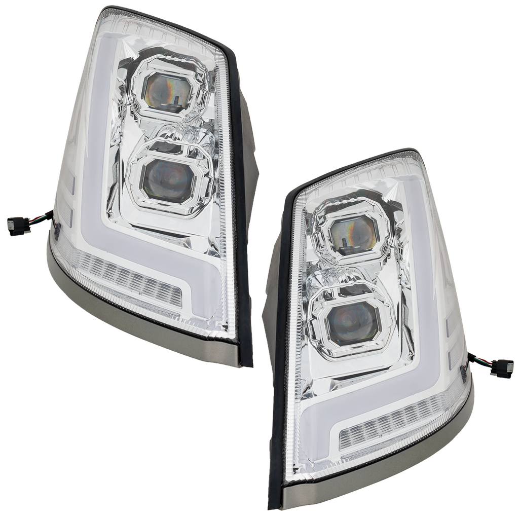 VOLVO HD VNL 04-15 HEAD LAMP RH AND LH, Lens and Housing, LED, Chrome Interior, Diamond Design, w/ Side Marker Lights and LED Strip, 12V