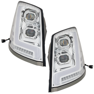 VOLVO HD VNL 04-15 HEAD LAMP RH AND LH, Lens and Housing, LED, Chrome Interior, Diamond Design, w/ Side Marker Lights and LED Strip, 12V
