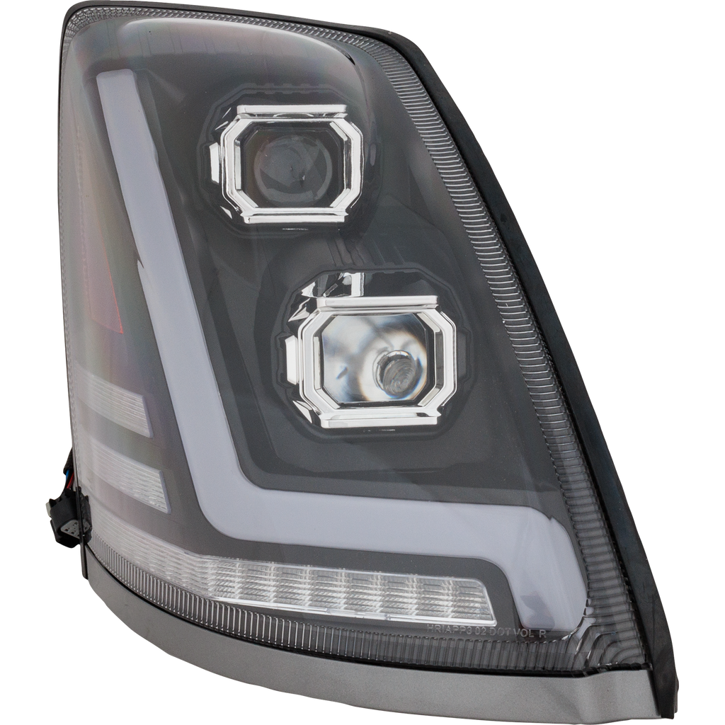 VOLVO HD VNL 04-15 HEAD LAMP RH, Lens and Housing, Halogen, Black Interior, Performance, w/ LED Strip, 12V