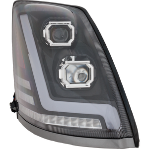 VOLVO HD VNL 04-15 HEAD LAMP RH, Lens and Housing, Halogen, Black Interior, Performance, w/ LED Strip, 12V