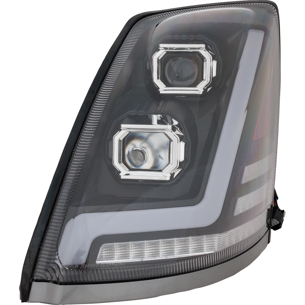 VOLVO HD VNL 04-15 HEAD LAMP LH, Lens and Housing, Halogen, Black Interior, Performance, w/ LED Strip, 12V