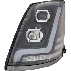 VOLVO HD VNL 04-15 HEAD LAMP LH, Lens and Housing, Halogen, Black Interior, Performance, w/ LED Strip, 12V
