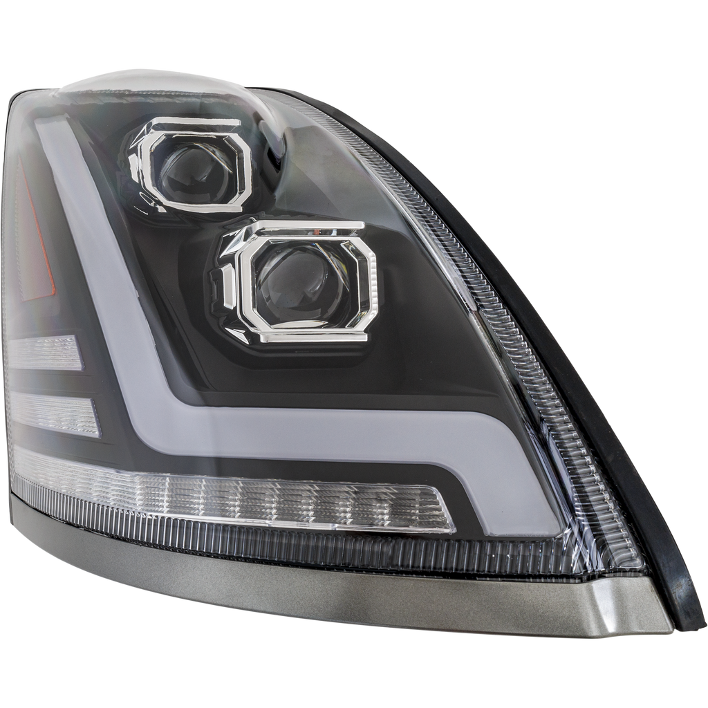 VOLVO HD VNL 04-15 HEAD LAMP RH, Lens and Housing, LED, Black Interior, Performance, w/ LED Strip, 12V