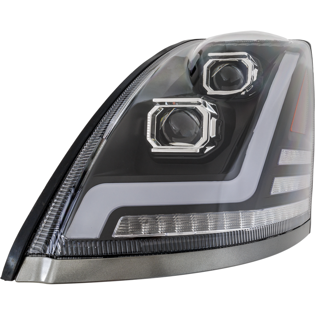 VOLVO HD VNL 04-15 HEAD LAMP LH, Lens and Housing, LED, Black Interior, Performance, w/ LED Strip, 12V