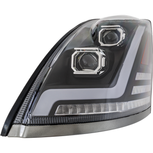 VOLVO HD VNL 04-15 HEAD LAMP LH, Lens and Housing, LED, Black Interior, Performance, w/ LED Strip, 12V
