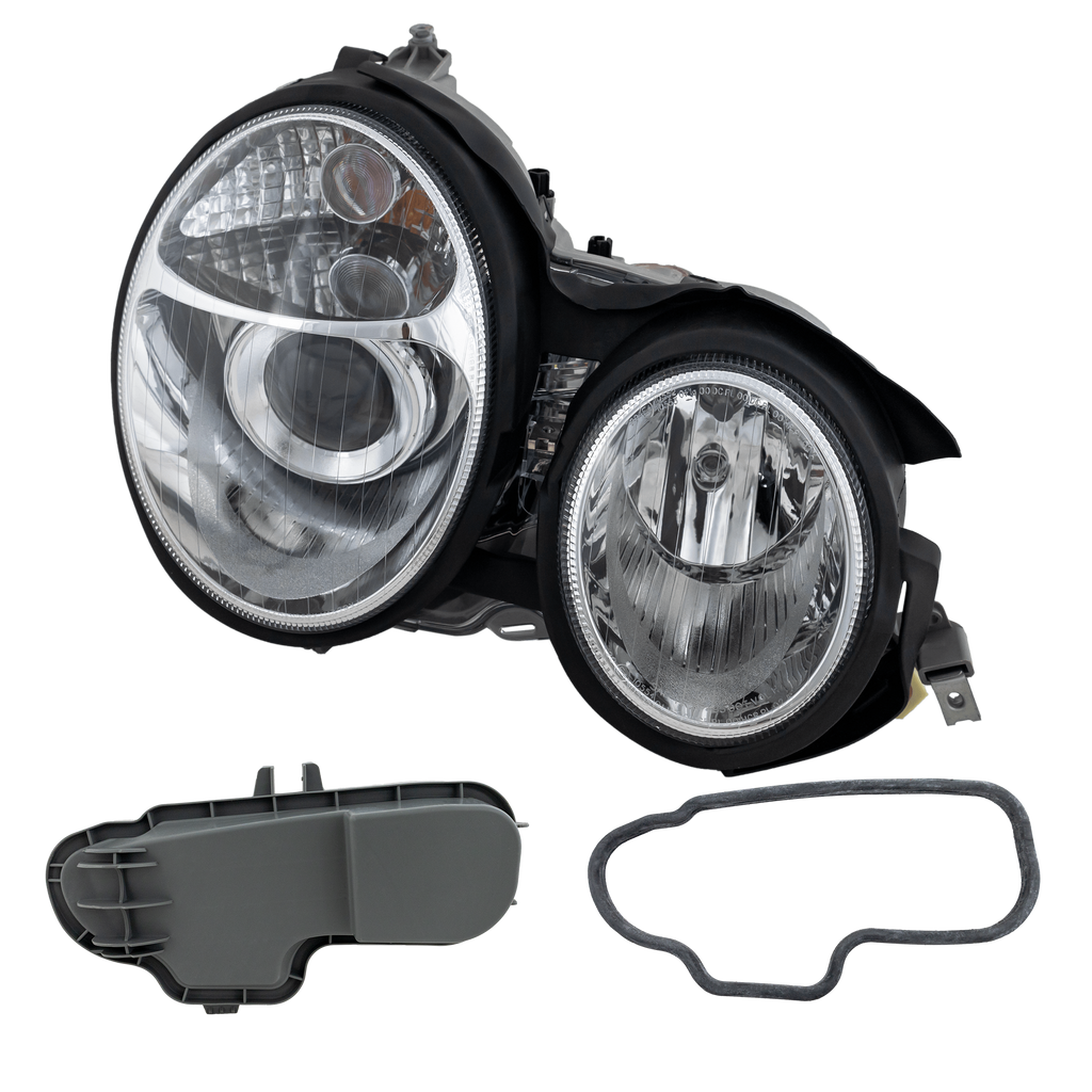 E-CLASS 96-99 PROJECTOR HEAD LAMP RH AND LH, Assembly, Halogen, Chrome Interior