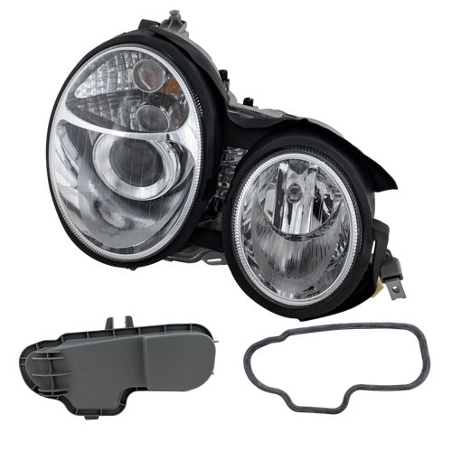 E-CLASS 96-99 PROJECTOR HEAD LAMP RH AND LH, Assembly, Halogen, Chrome Interior