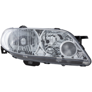 PROTEGE5 02-03 HEAD LAMP RH, Lens and Housing, Aluminum Bezel, Hatchback