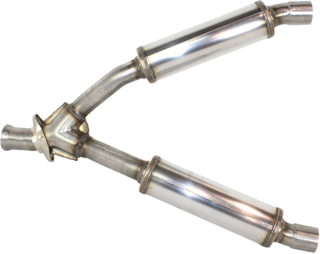 V6 3.8L 4 x 14in. Muffler; 2.5in. Tubing; 3.0in. Polished Stainless Tip; DUAL SPLIT REAR EXIT