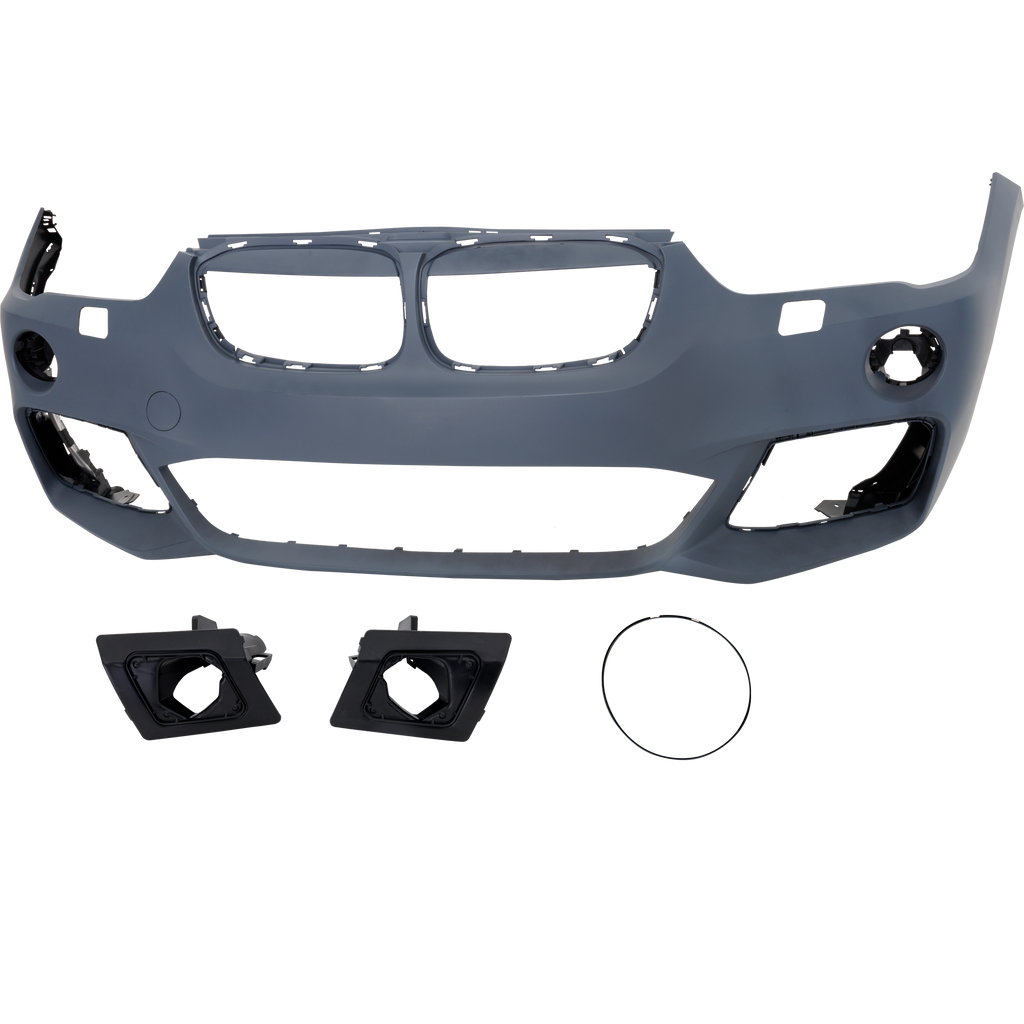 X1 17-19 FRONT BUMPER COVER, Primed, w/ M Package, w/ Headlight Washer Holes, w/o Park Distance Control Sensor Holes