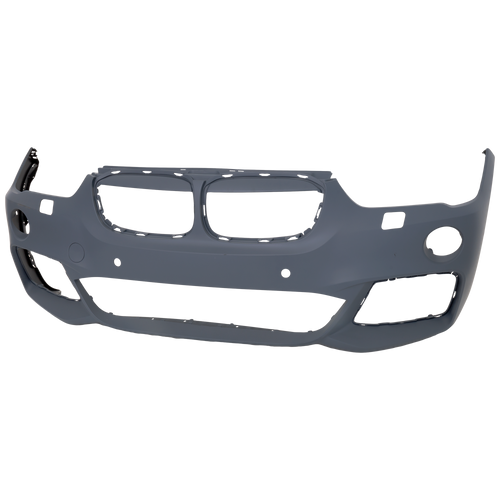 X1 17-19 FRONT BUMPER COVER, Primed, w/ M Package, w/ Headlight Washer Holes, w/ Park Distance Control Sensor Holes