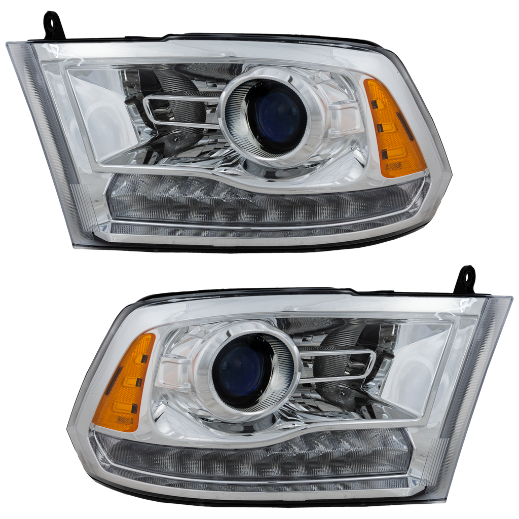 RAM FULL SIZE P/U 09-12 PROJECTOR HEAD LAMP RH AND LH, Assembly, Halogen, Chrome Interior, w/ Quad Lamps, Code LME