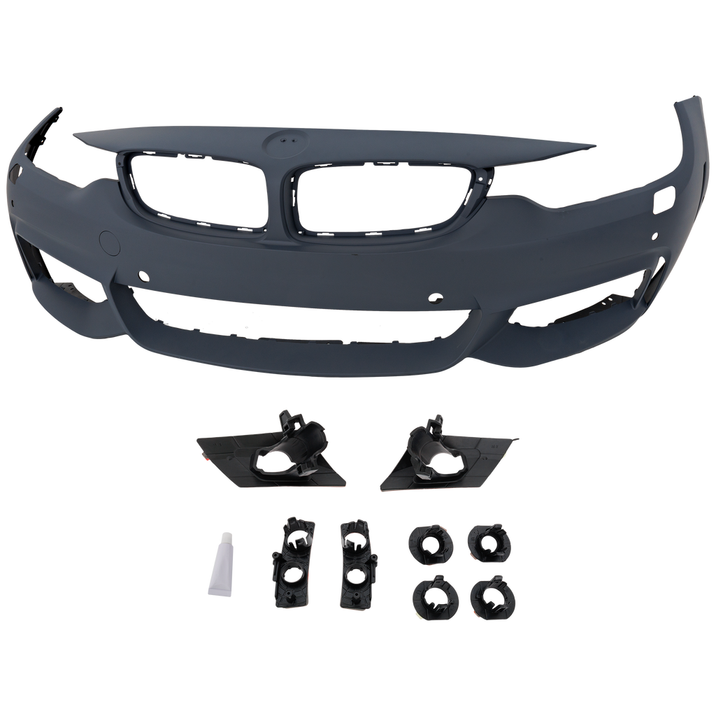 4-SERIES 14-20 FRONT BUMPER COVER, Primed, w/ M Sport Pkg, w/ HLW/PDC Snsr Holes/Cam, w/o Park Assist Sensor Holes