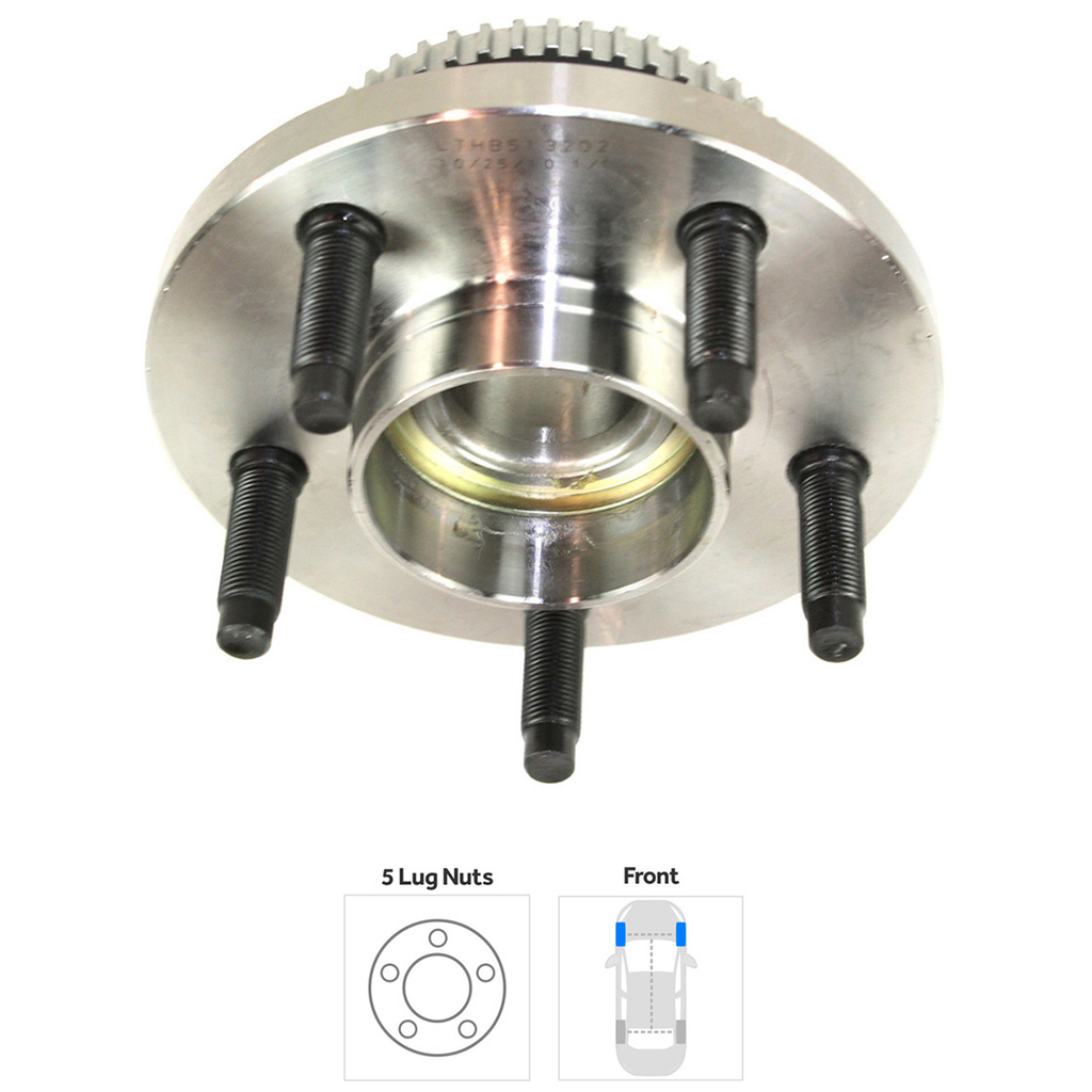TOWN CAR 97-02 FRONT HUB ASSEMBLY RH=LH, 5 Studs, 5 x 107.95 mm PCD Bolt Pattern, Includes ABS Sensor Ring