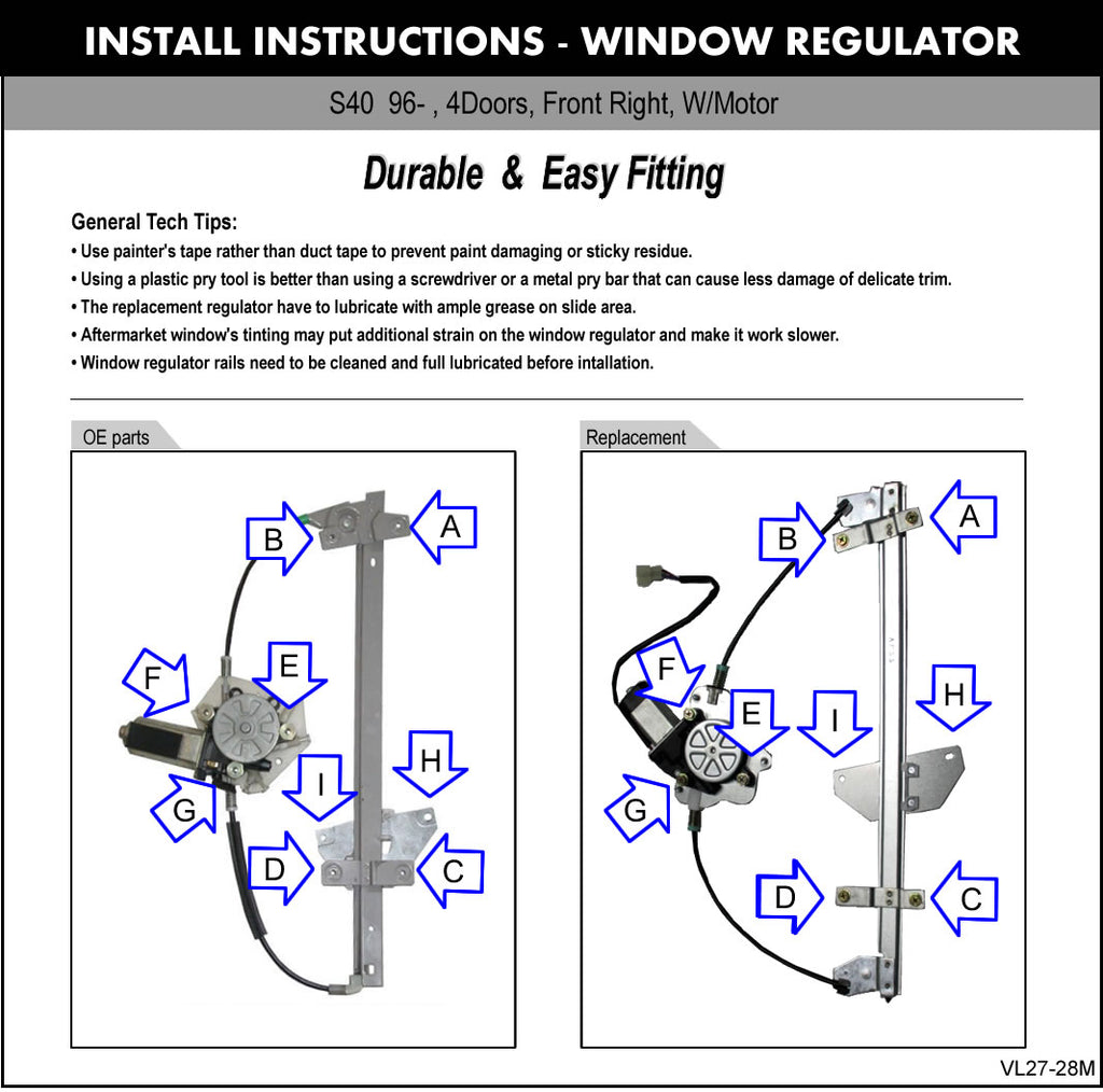 S40/V40 00-04 FRONT WINDOW REGULATOR RH, Power, w/ Motor, Old Body Style