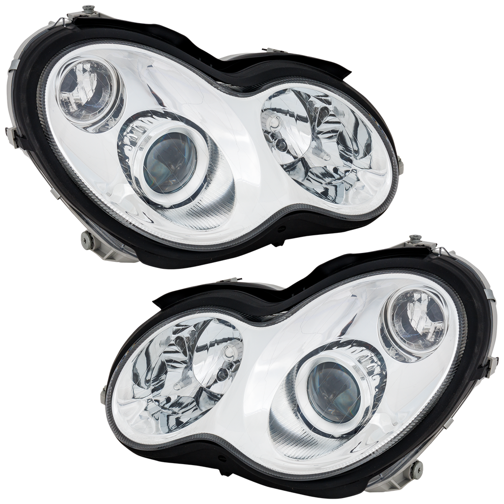 C CLASS 05-07 HEAD LAMP RH AND LH, Assembly, Halogen, Chrome Bezel, Sedan/Wagon, 2-PIece