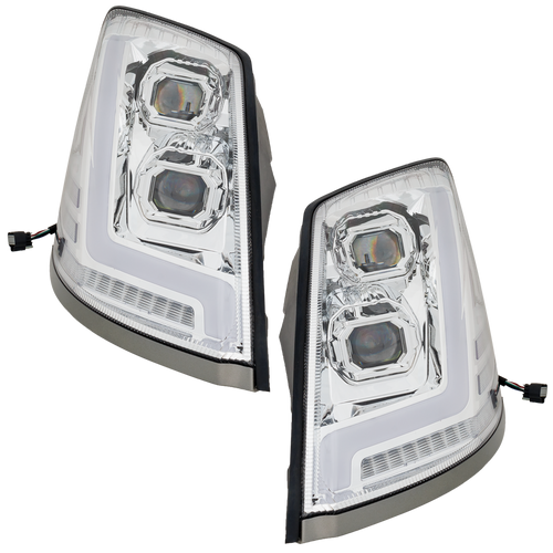 VOLVO HD VNL 04-15 HEAD LAMP RH AND LH, Lens and Housing, LED, Chrome Interior, Diamond Design, w/ Side Marker Lights and LED Strip, 12V