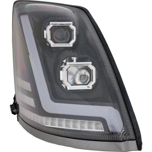 VOLVO HD VNL 04-15 HEAD LAMP RH, Lens and Housing, Halogen, Black Interior, Performance, w/ LED Strip, 12V