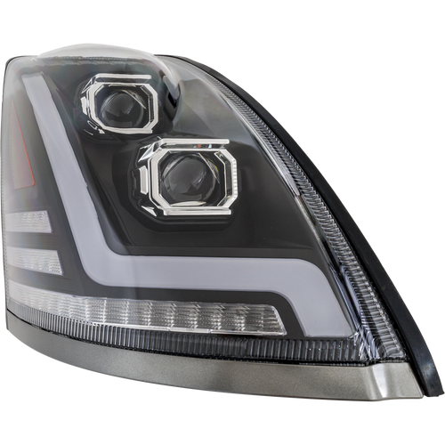 VOLVO HD VNL 04-15 HEAD LAMP RH, Lens and Housing, LED, Black Interior, Performance, w/ LED Strip, 12V