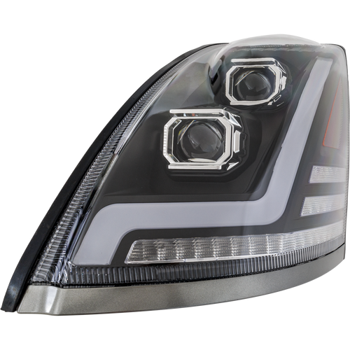 VOLVO HD VNL 04-15 HEAD LAMP LH, Lens and Housing, LED, Black Interior, Performance, w/ LED Strip, 12V